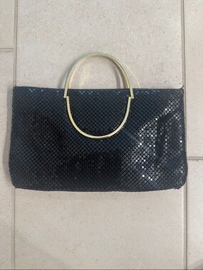 Vintage black metal Mesh Clutch with Gold Handle and detachable strap